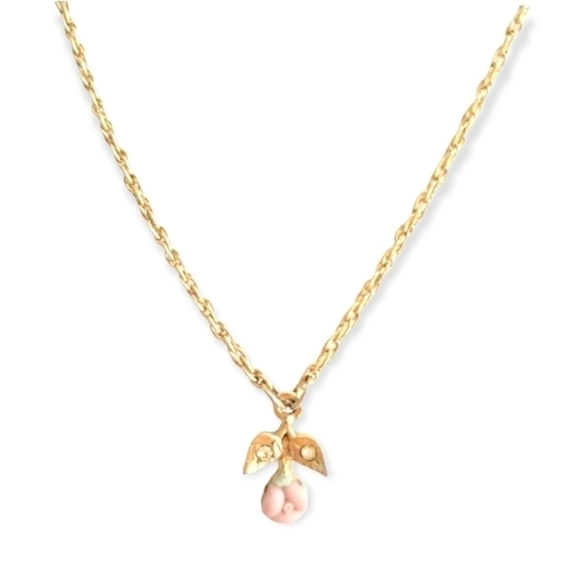 1928 Pink Ceramic Rose Pendant Gold Necklace - Picture 2 of 5